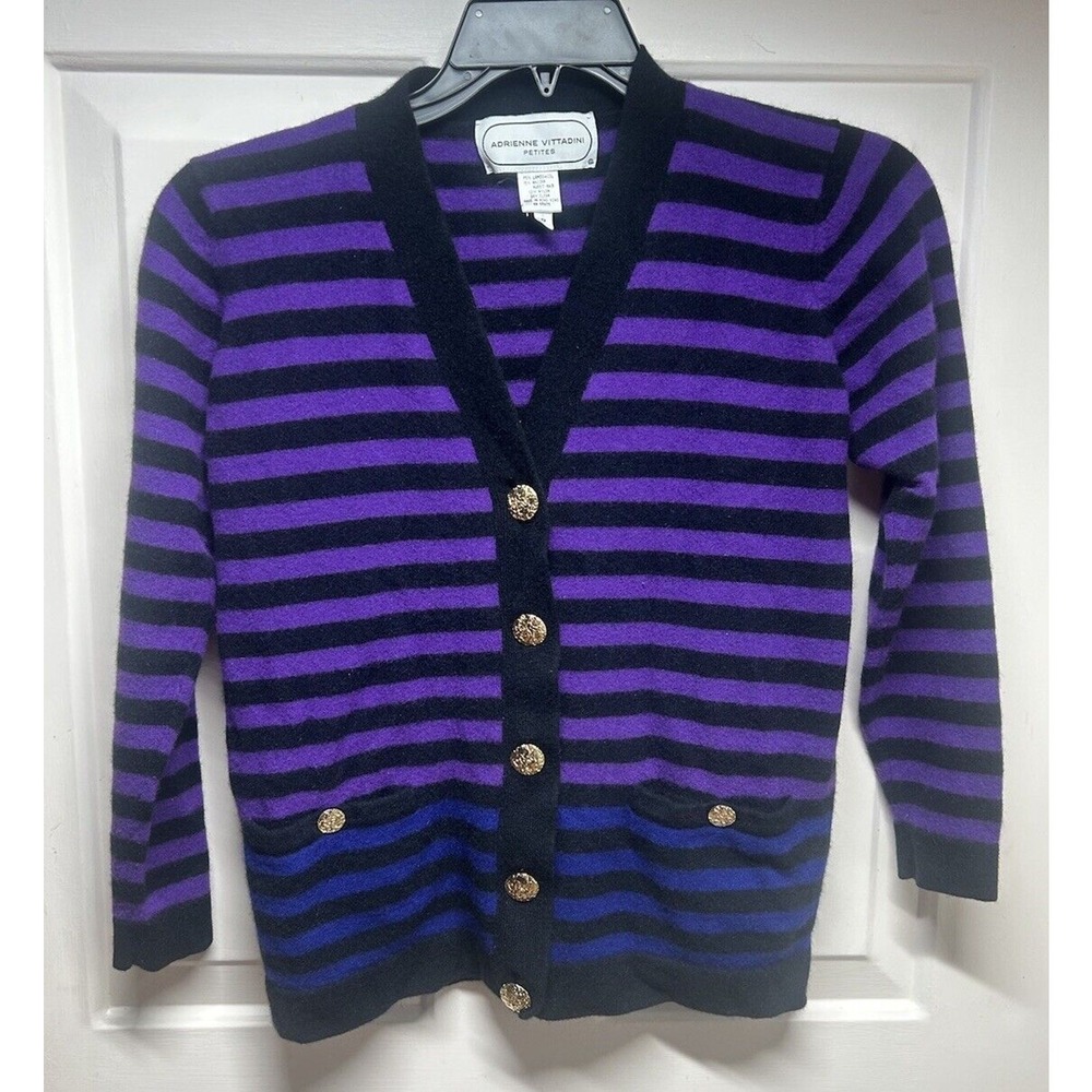 VTG Adrienne Vittadini Petites‎ Purple Black Striped Lambswool Angora Cardigan P